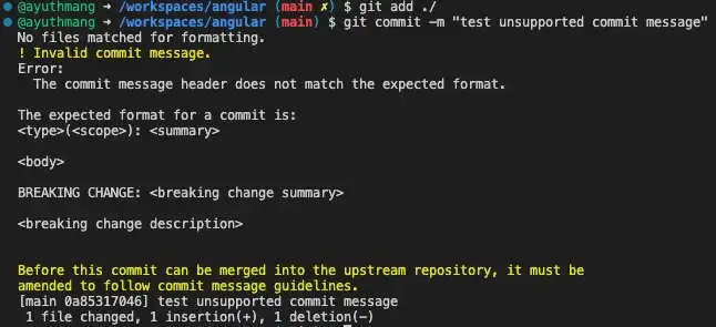 Unsupported commit message captured by pre commit message of an angular project