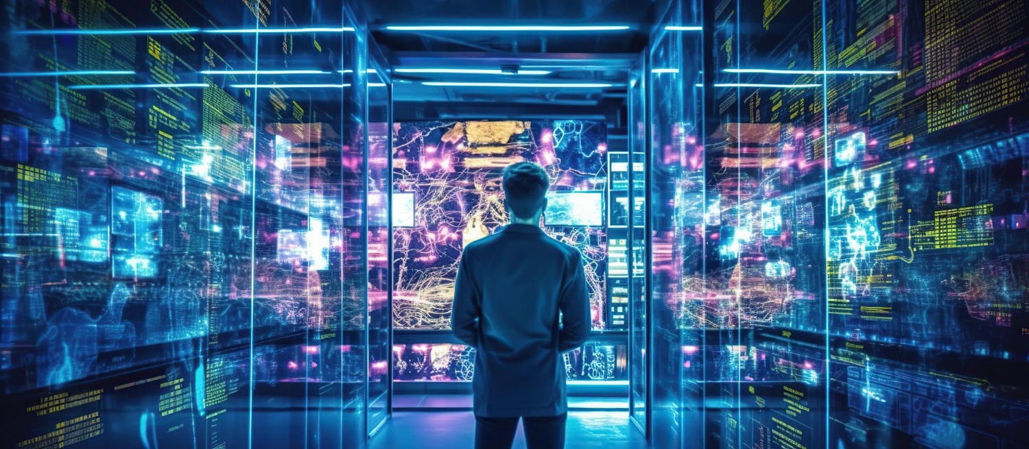 A man standing and watch a screen full of data flow in futuristic themed server room