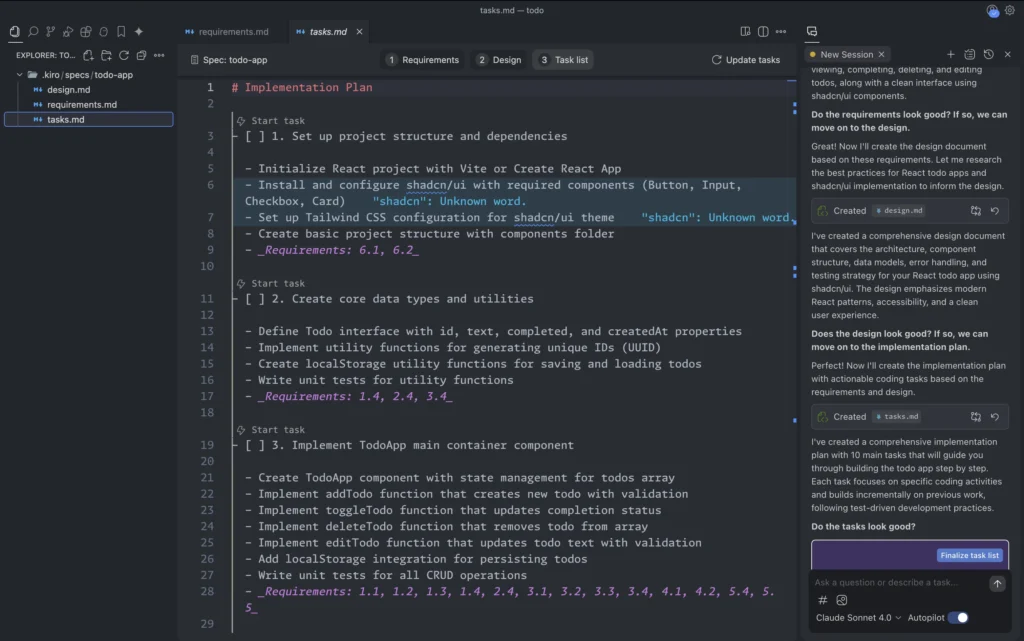 Kiro analyze requirement and system design to generate task list
