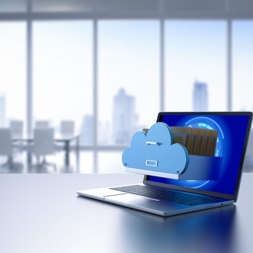 Cloud storage technology with 3d rendering files in cloud with computer notebook