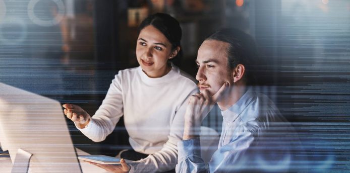 Cybersecurity overlay, futuristic team data and ux computer database of it workers talking. Tablet, digital hologram and information technology work of a office team working on research at night.